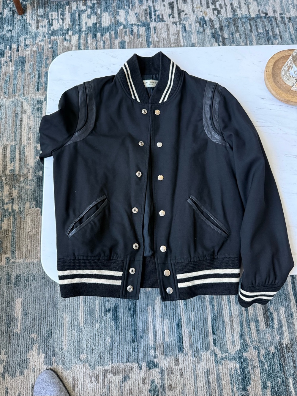 Saint Laurent Black Bomber Varsity Jacket with Cream Stripes